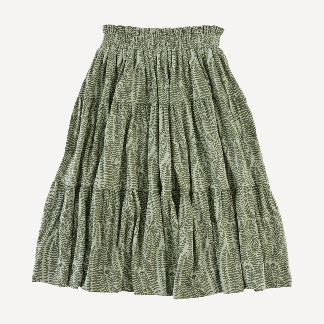smocked tiered gathered maxi skirt | green fern frond | modal