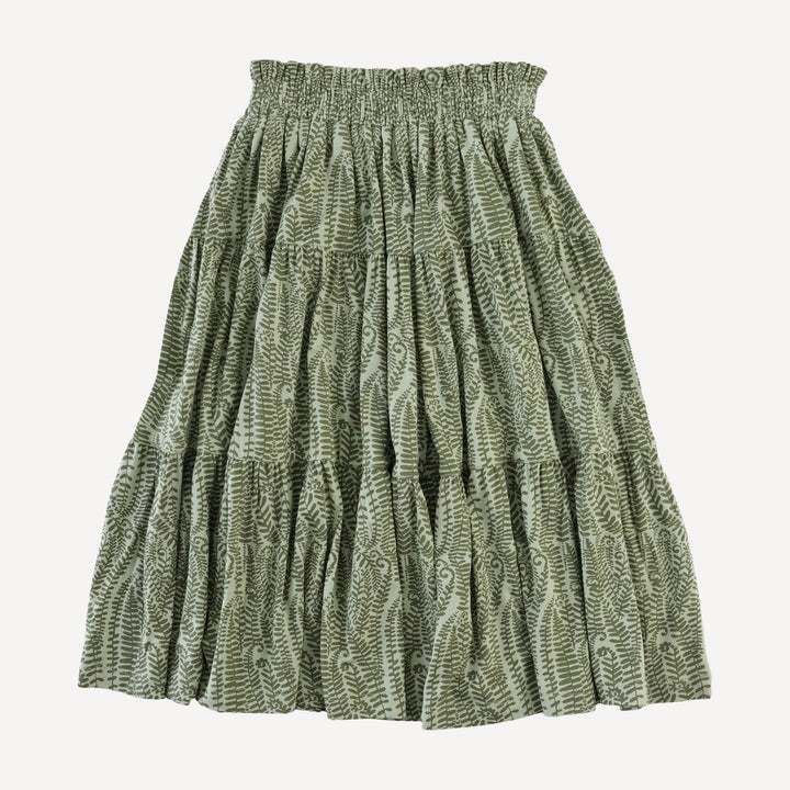 smocked tiered gathered maxi skirt | green fern frond | modal