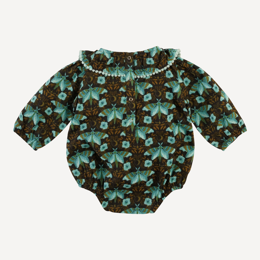long sleeve ruffle button pom pom bubble | aqua butterfly night | organic cotton gauze