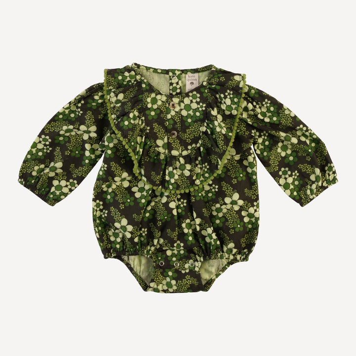 long sleeve ruffle button pom pom bubble | green granny floral | organic cotton gauze
