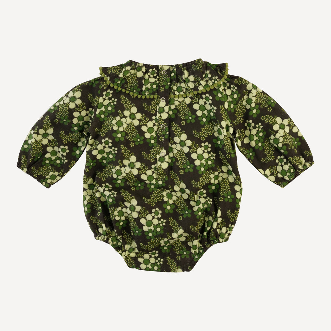 long sleeve ruffle button pom pom bubble | green granny floral | organic cotton gauze