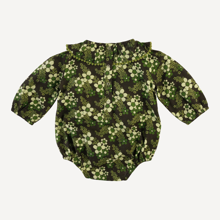 long sleeve ruffle button pom pom bubble | green granny floral | organic cotton gauze