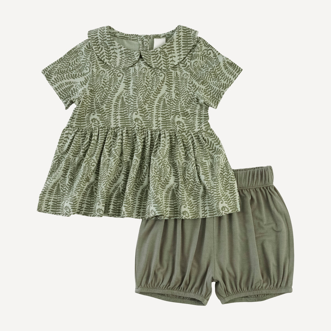 short sleeve peter pan skirted top + bubble short set | green fern frond | modal