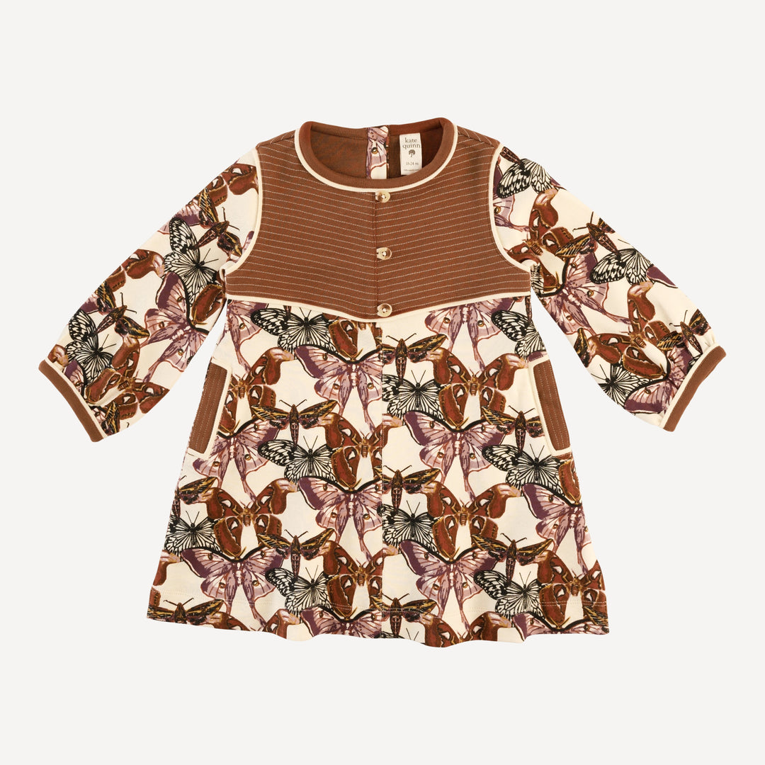 long sleeve v-neck yoke dress | moth wallpaper | organic cotton interlock
