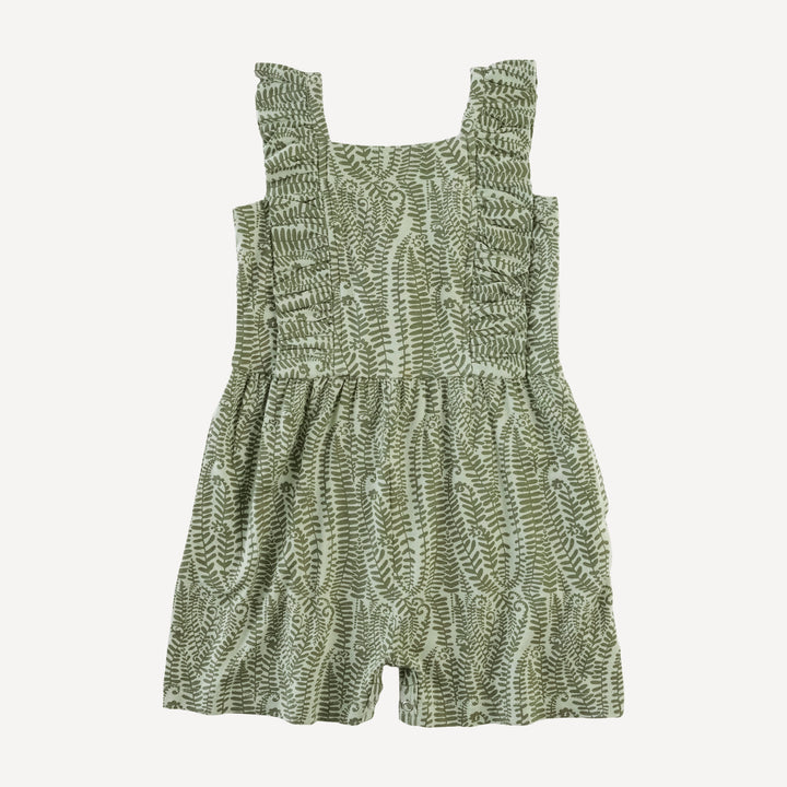 pinafore ruffle romper | green fern frond | modal