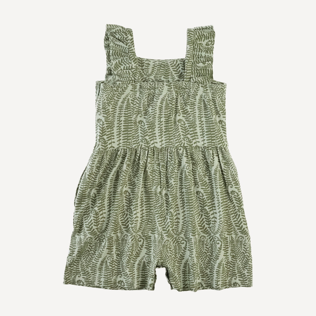 pinafore ruffle romper | green fern frond | modal