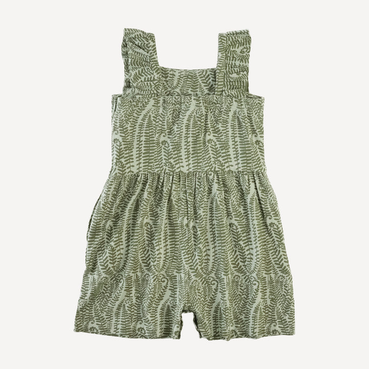 pinafore ruffle romper | green fern frond | modal