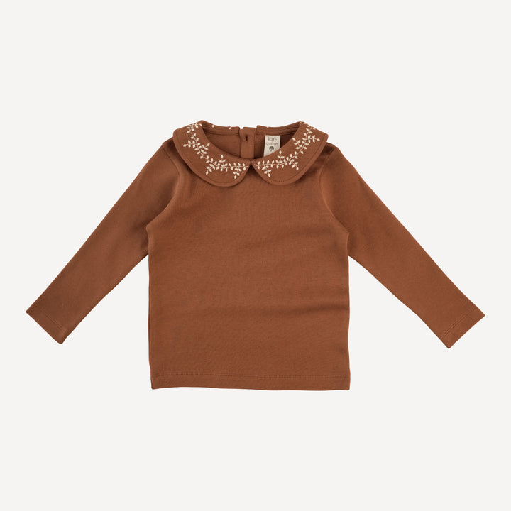 long sleeve embroidered peter pan tee | old forest bark | organic cotton interlock