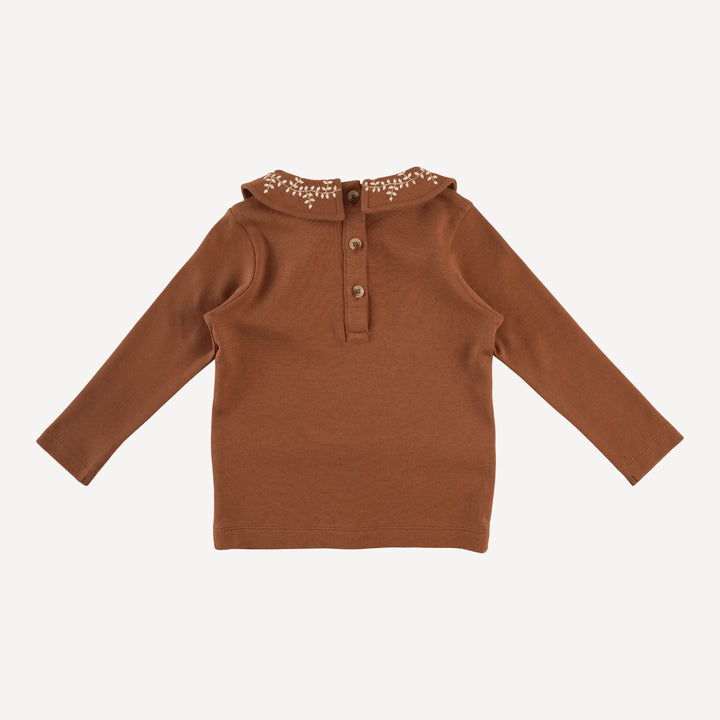 long sleeve embroidered peter pan tee | old forest bark | organic cotton interlock