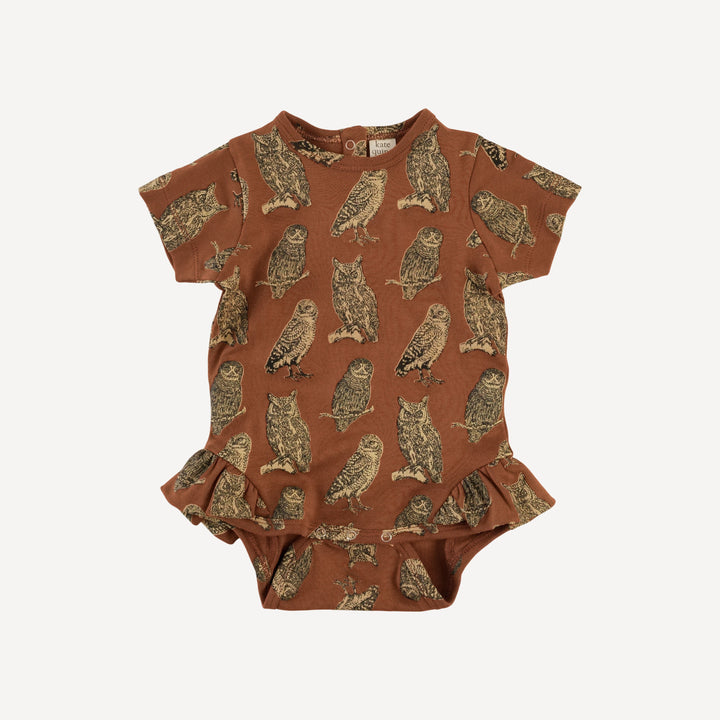 short sleeve ruffle leg bodysuit | owl friends | organic cotton interlock