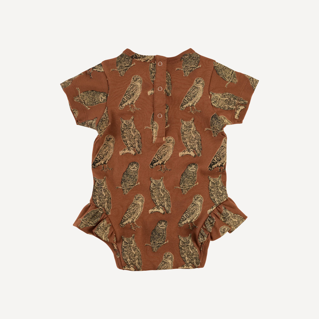 short sleeve ruffle leg bodysuit | owl friends | organic cotton interlock