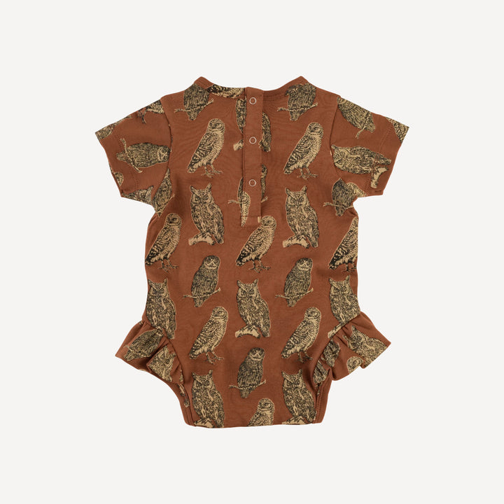 short sleeve ruffle leg bodysuit | owl friends | organic cotton interlock