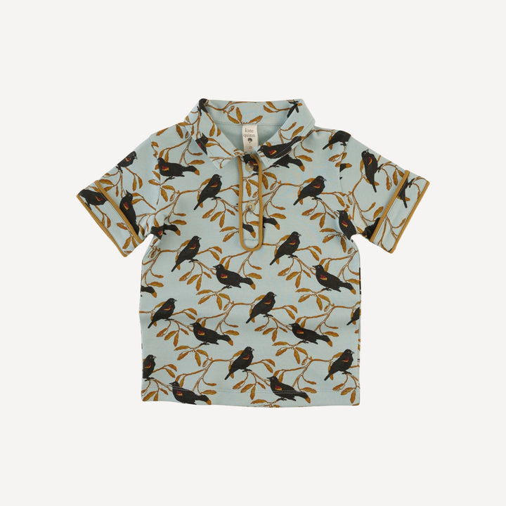 short sleeve piped polo tee | red-winged blackbird | organic cotton interlock