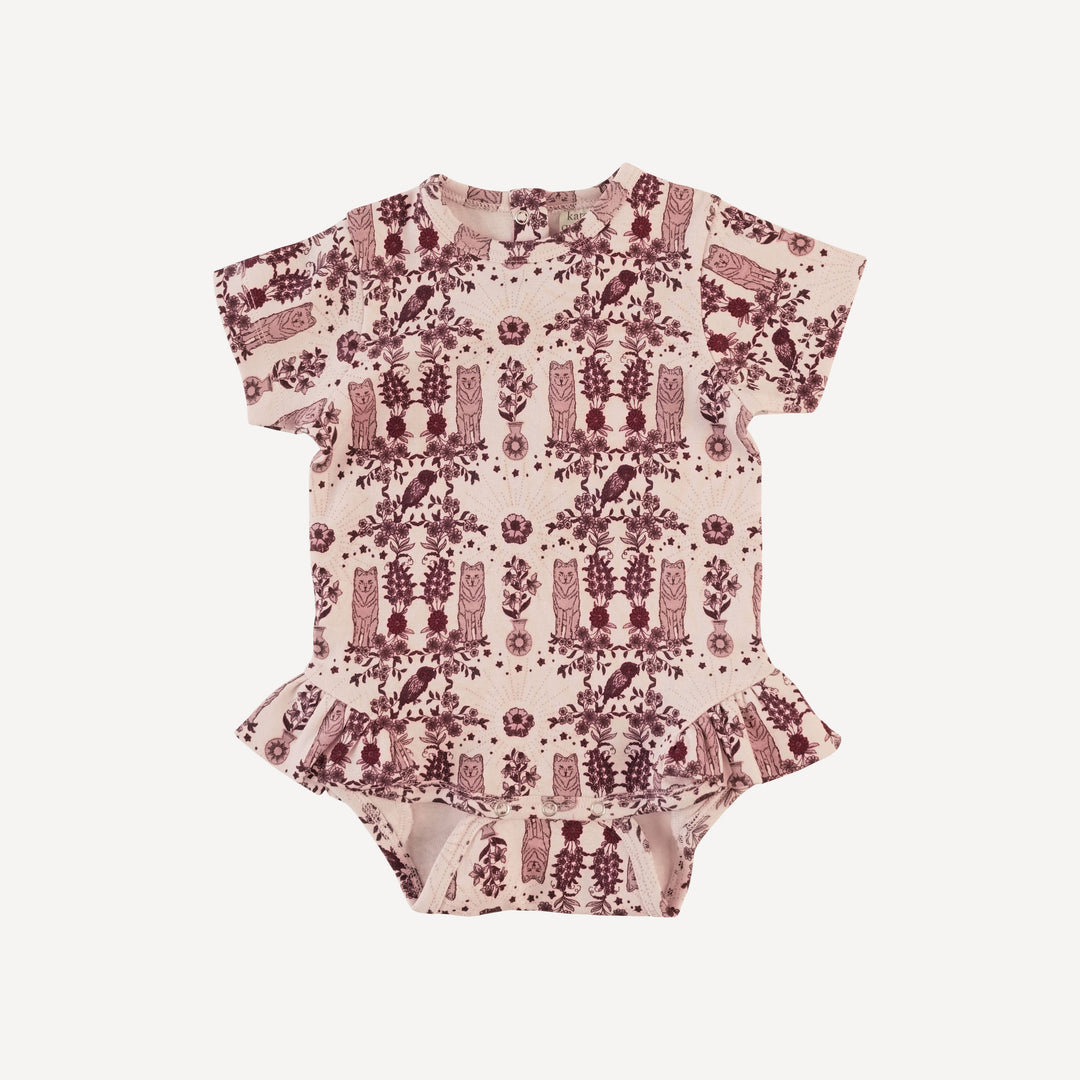 short sleeve ruffle leg bodysuit | wolf floral | organic cotton interlock