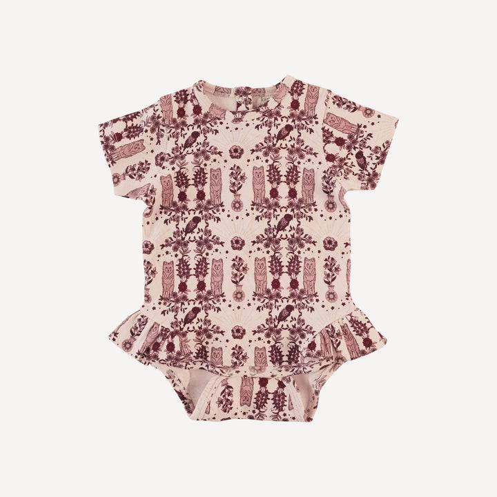 short sleeve ruffle leg bodysuit | wolf floral | organic cotton interlock