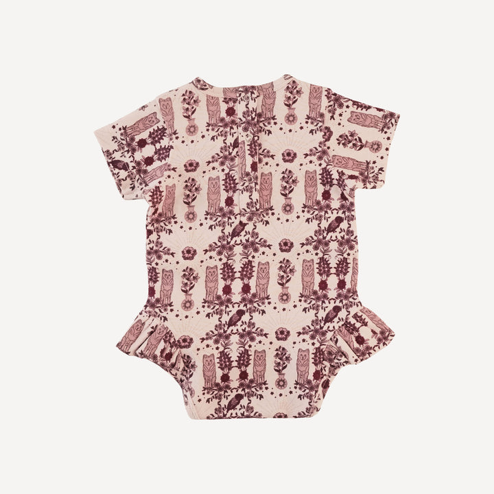 short sleeve ruffle leg bodysuit | wolf floral | organic cotton interlock