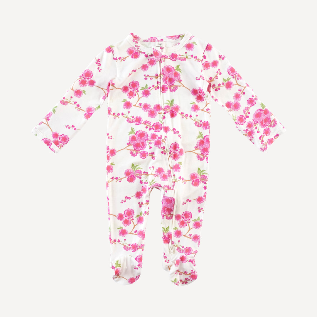 long sleeve two way zipper footie | pink cherry blossom | bamboo