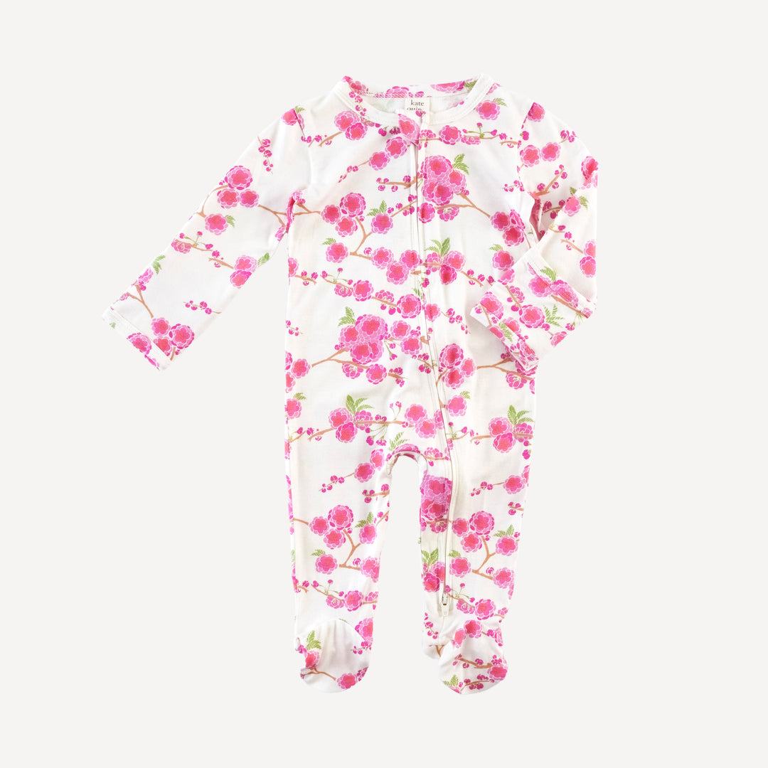 long sleeve two way zipper footie | pink cherry blossom | bamboo