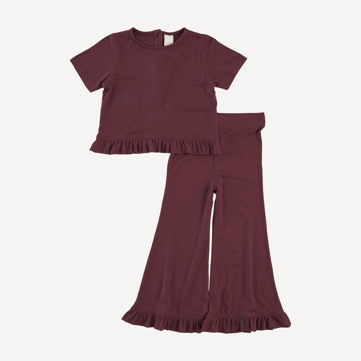 short sleeve cropped ruffle tee + flare set | mahogany | modal