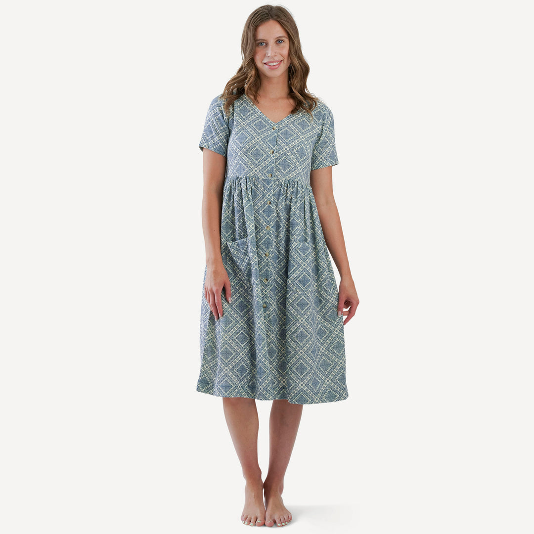 womens half sleeve button front pocket dress | blue bandana | organic cotton gauze