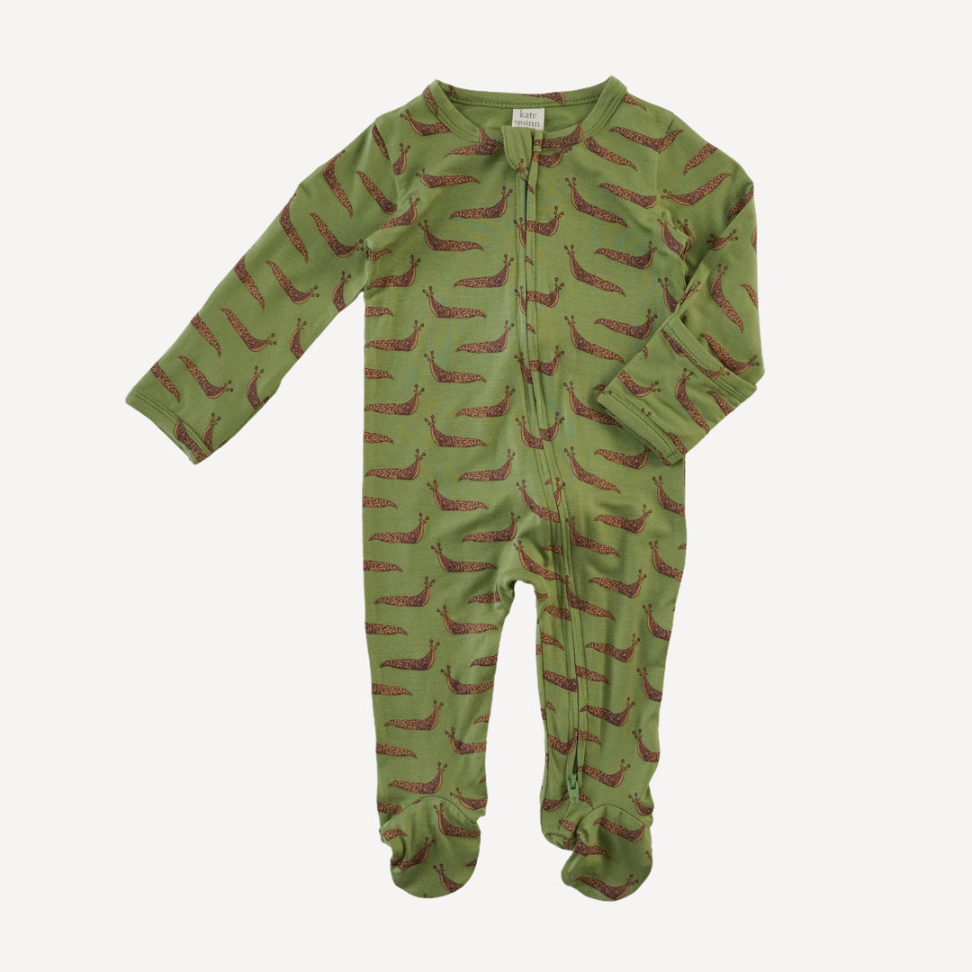 long sleeve two way zipper footie | mossy slug party | bamboo
