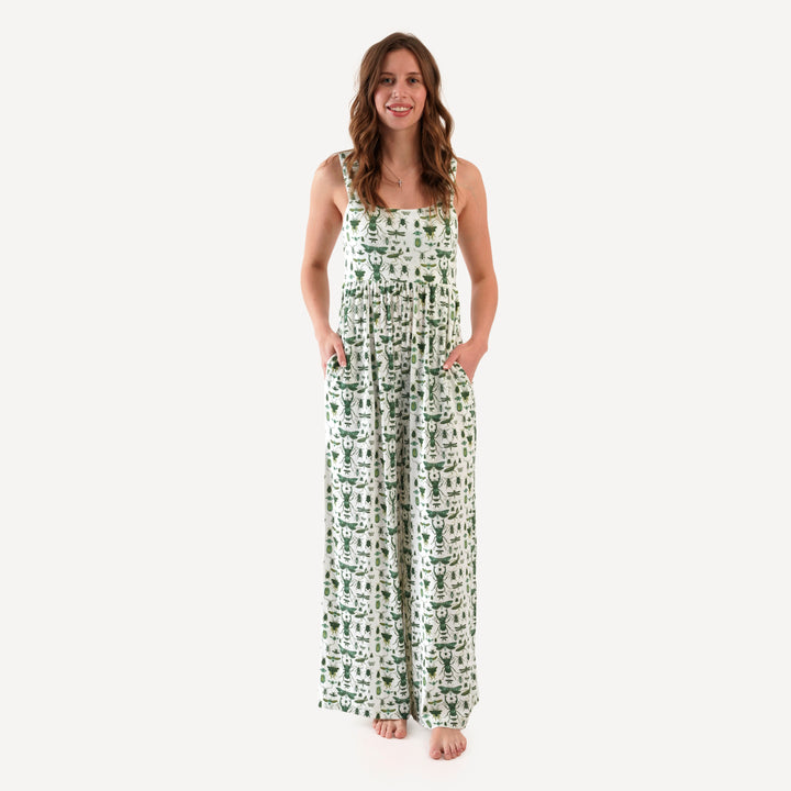 womens high waist jumpsuit | green insects | modal