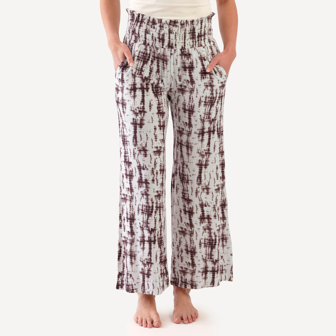 womens smocked gaucho pant | mahogany shibori | modal