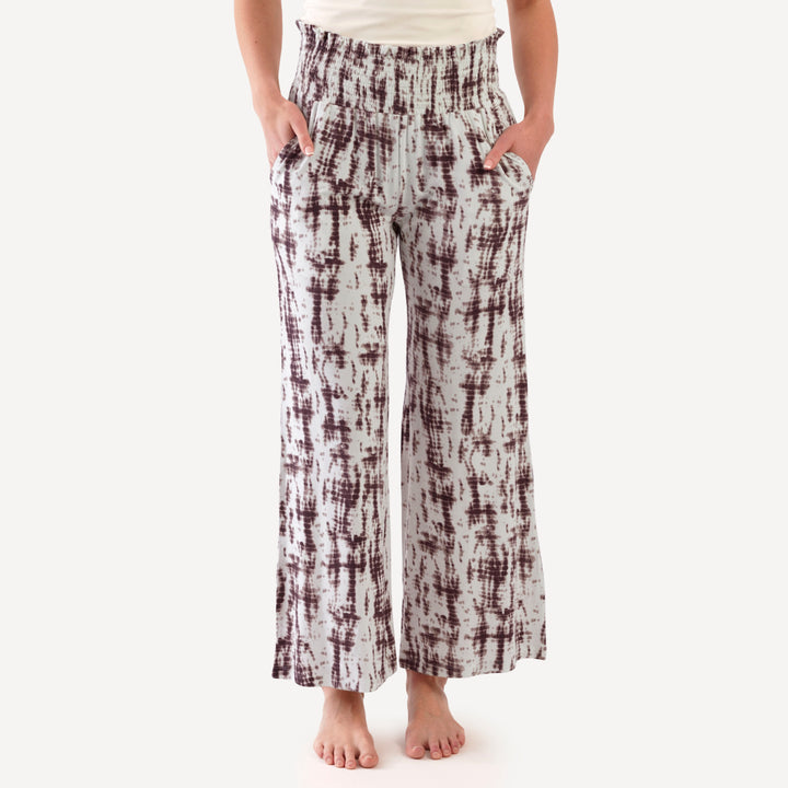 womens smocked gaucho pant | mahogany shibori | modal