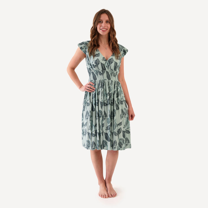 womens flutter sleeve smocked v-neck dress | arctic leaf | modal
