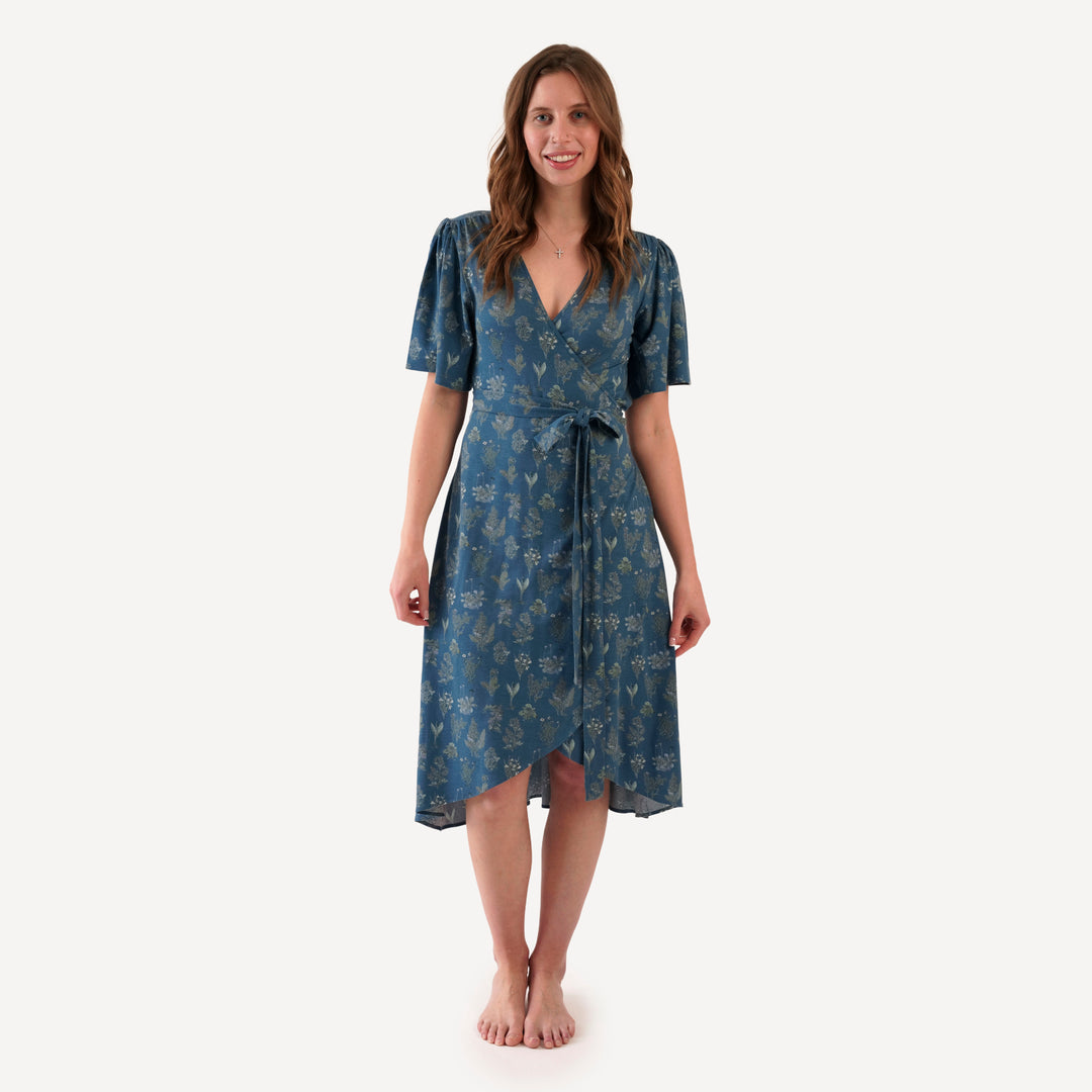 womens flutter sleeve wrap dress | blue litho | modal