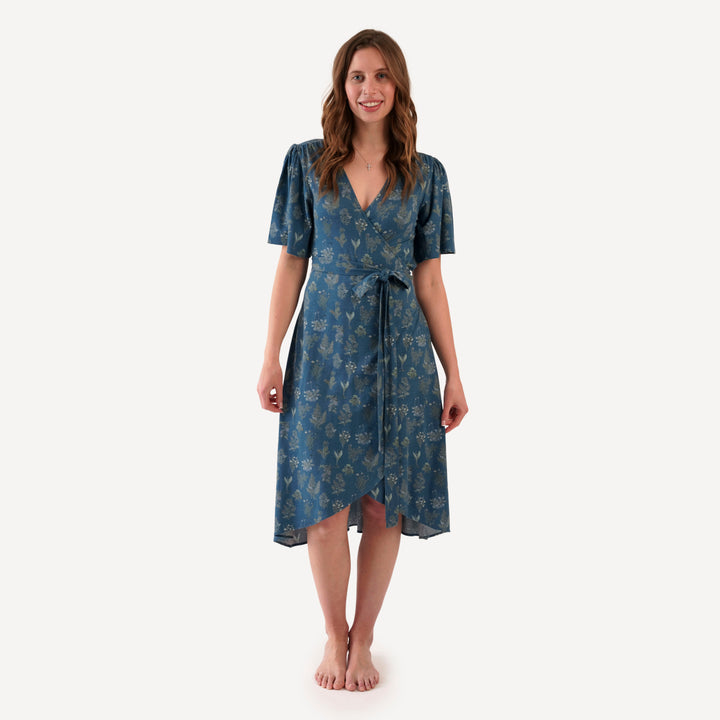 womens flutter sleeve wrap dress | blue litho | modal