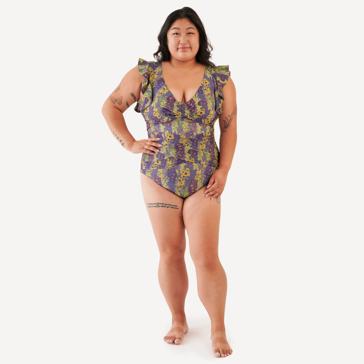 womens flutter sleeve one piece swimsuit | violet hollyhock | swim