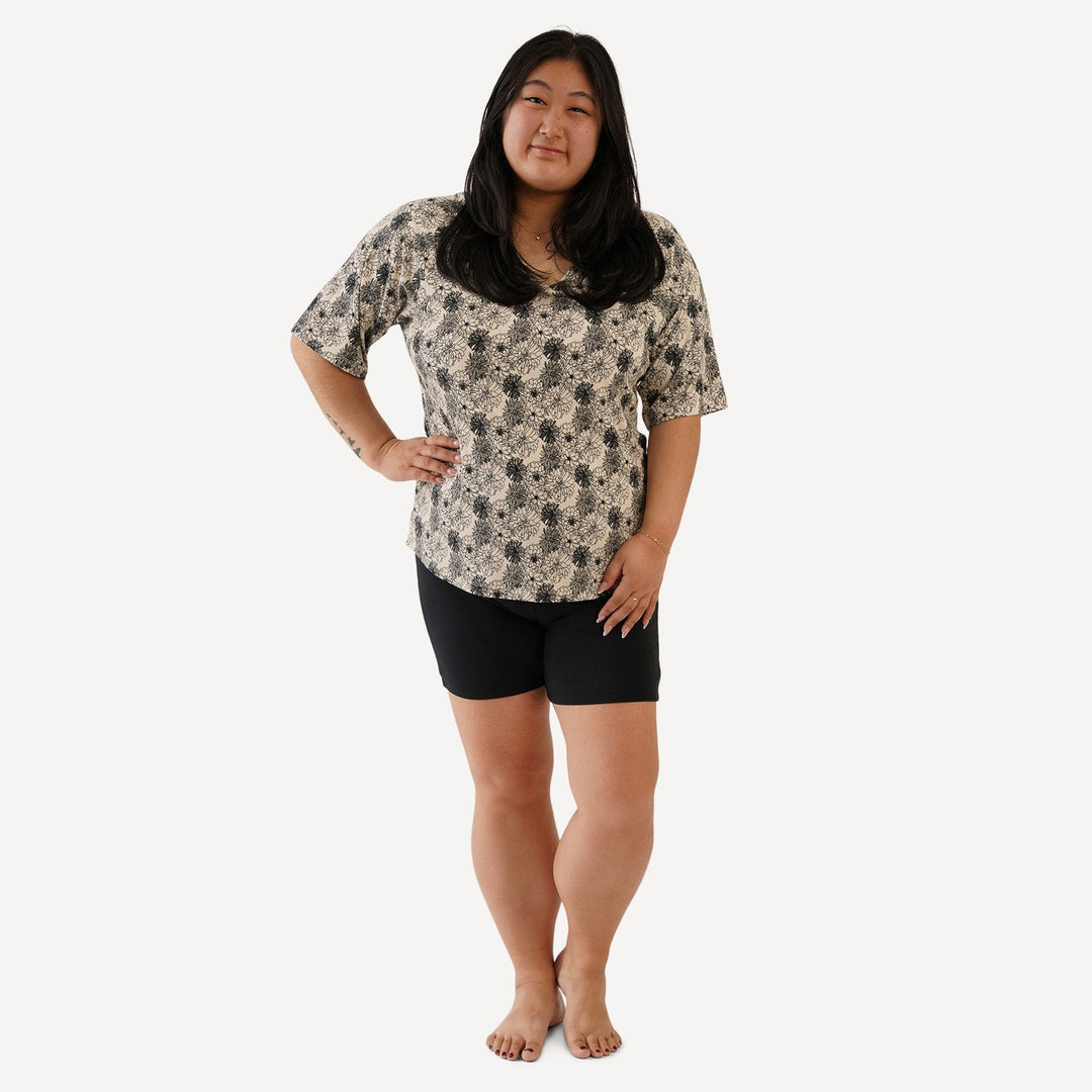 womens relaxed tee + bike short set | sketched flowers | light weight bamboo