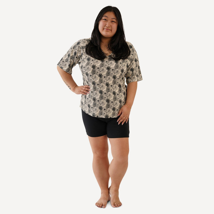 womens relaxed tee + bike short set | sketched flowers | light weight bamboo