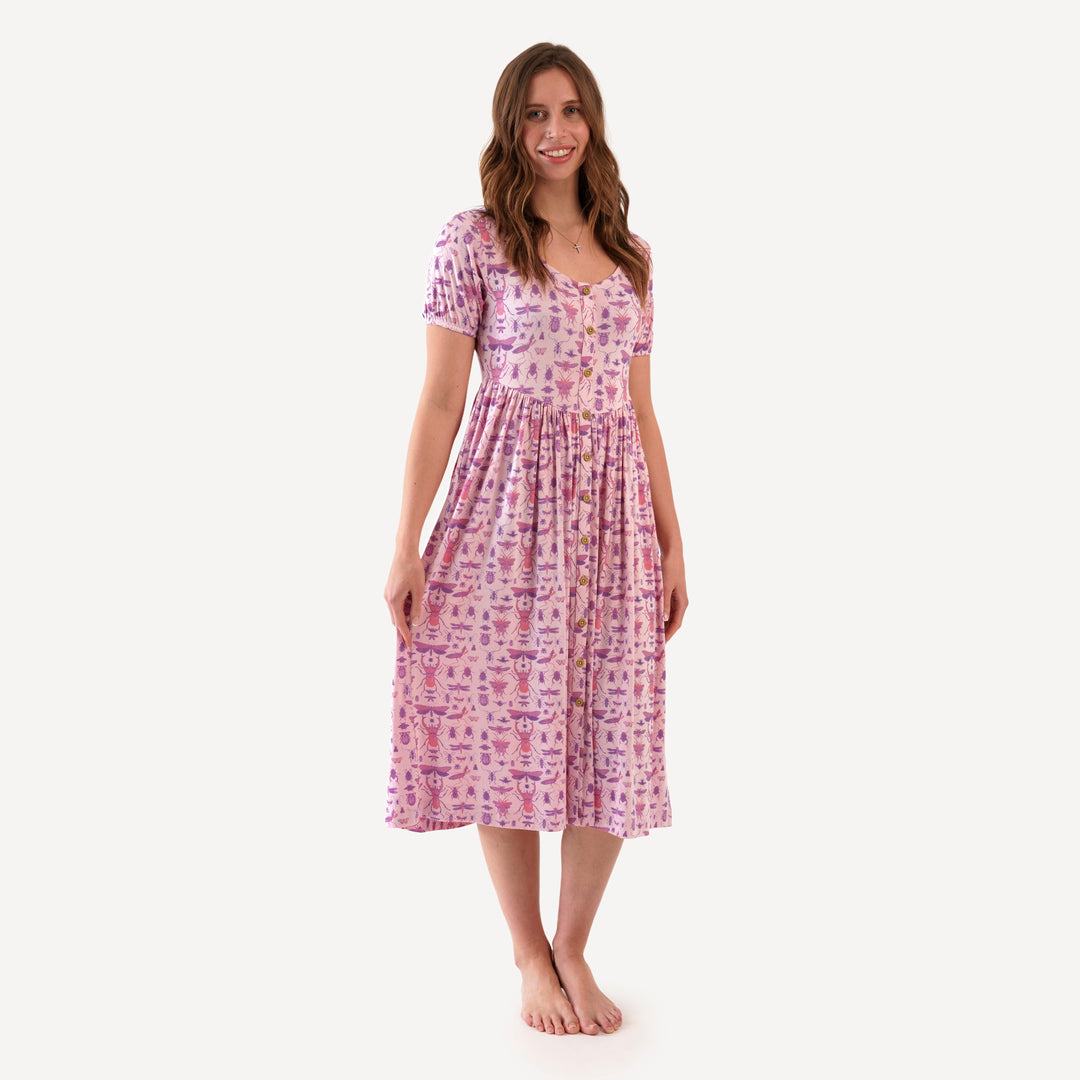 womens short sleeve button front v-waist dress | pink insects | modal