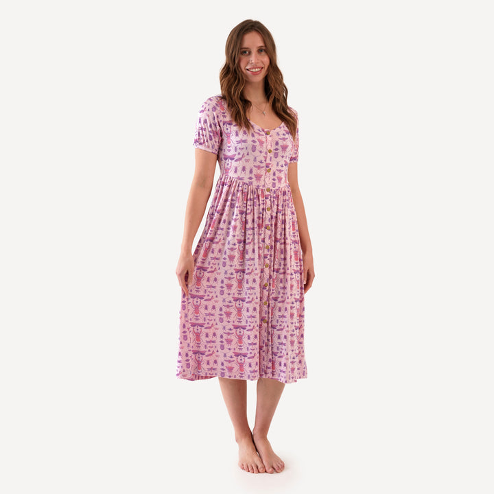 womens short sleeve button front v-waist dress | pink insects | modal