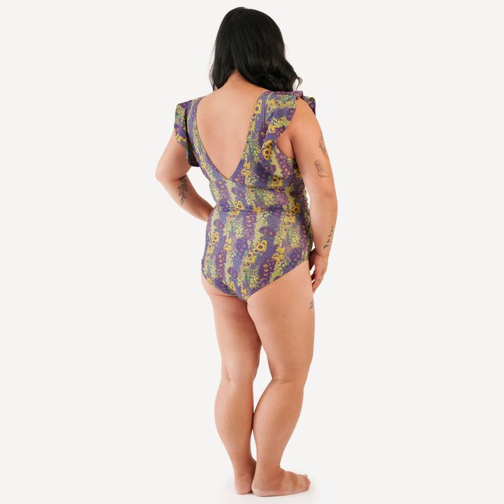 womens flutter sleeve one piece swimsuit | violet hollyhock | swim