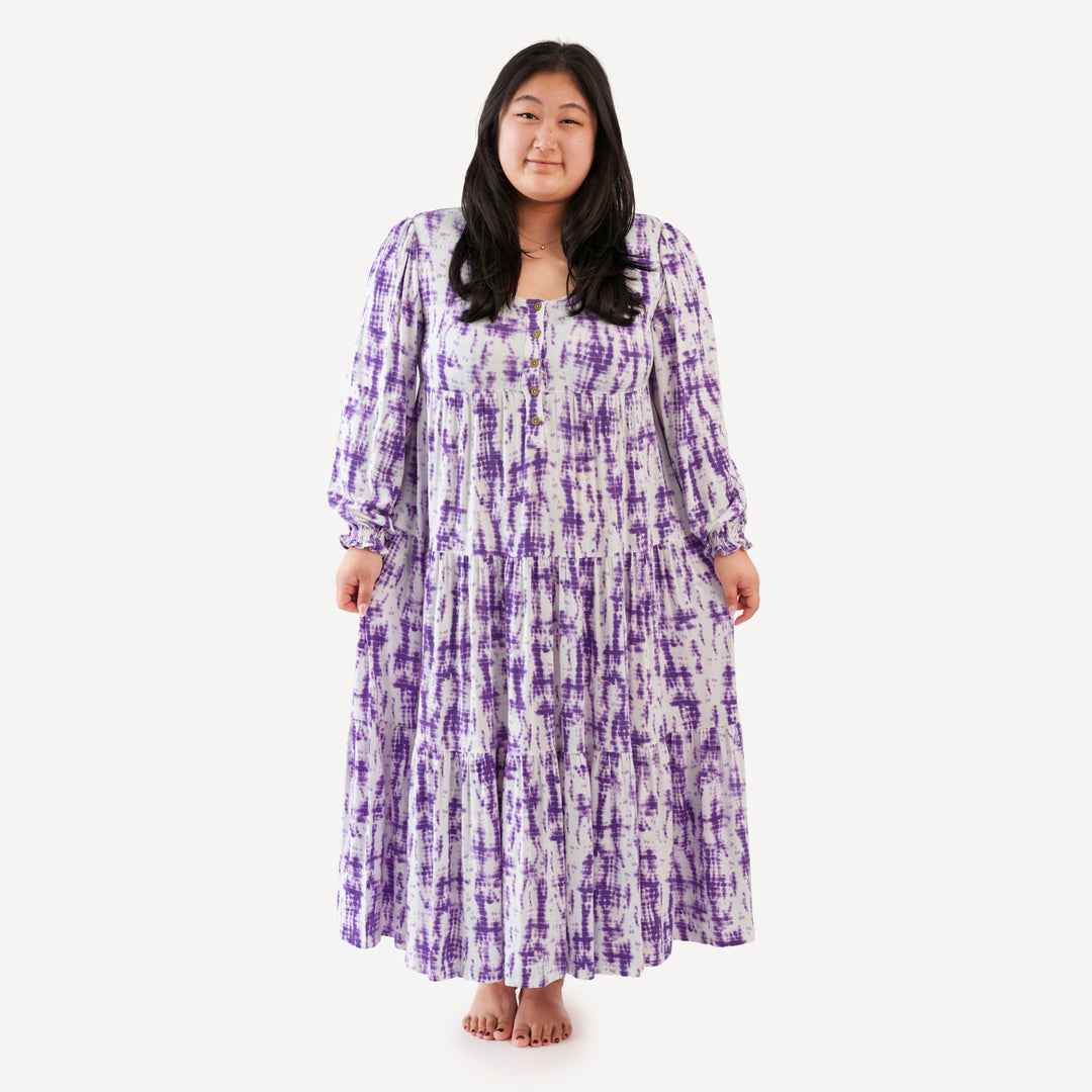 womens long sleeve prairie dress | lavender shibori | modal