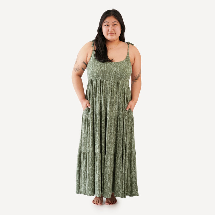womens spaghetti tie prairie dress | green fern frond | modal