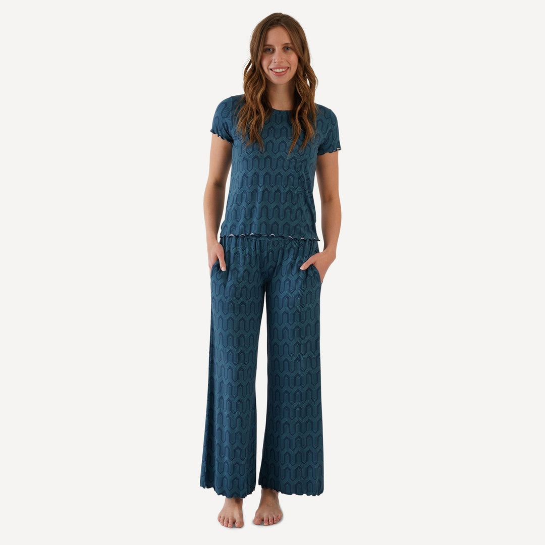 womens short sleeve jade set | blue art deco | light weight bamboo