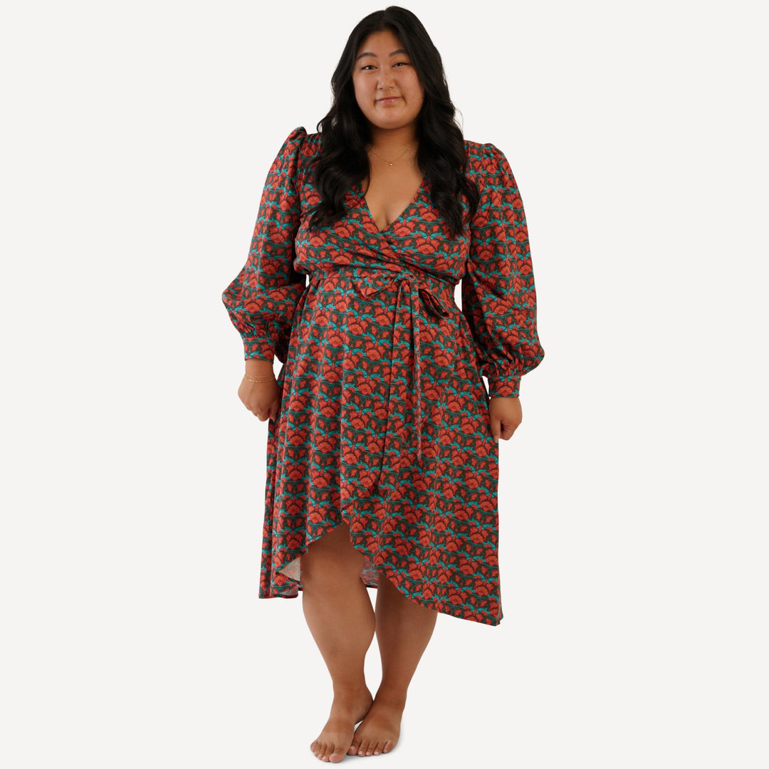 womens balloon sleeve midi wrap dress | poppy | organic cotton jersey