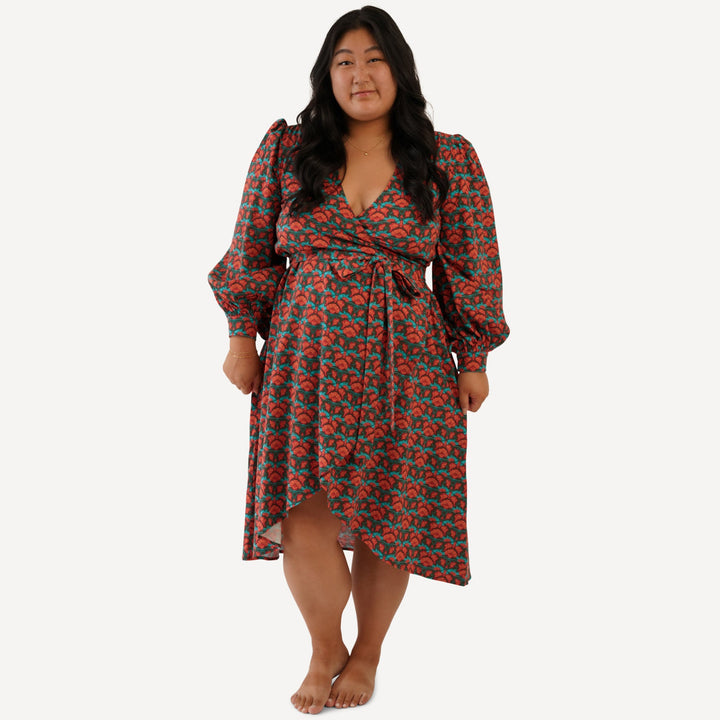 womens balloon sleeve midi wrap dress | poppy | organic cotton jersey
