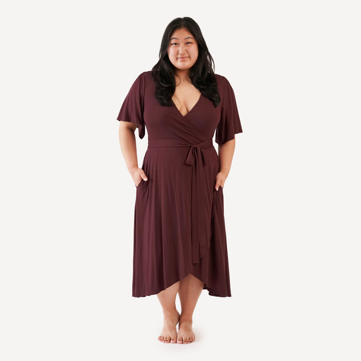 womens flutter sleeve wrap dress | mahogany | modal