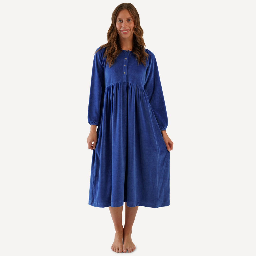 womens gathered button pocket dress | monaco blue | organic cotton velour