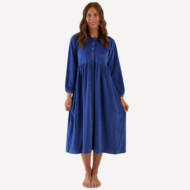 womens gathered button pocket dress | monaco blue | organic cotton velour