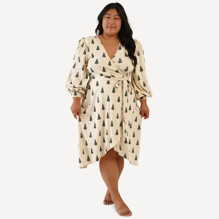 womens balloon sleeve midi wrap dress | forest pine | organic cotton flat rib