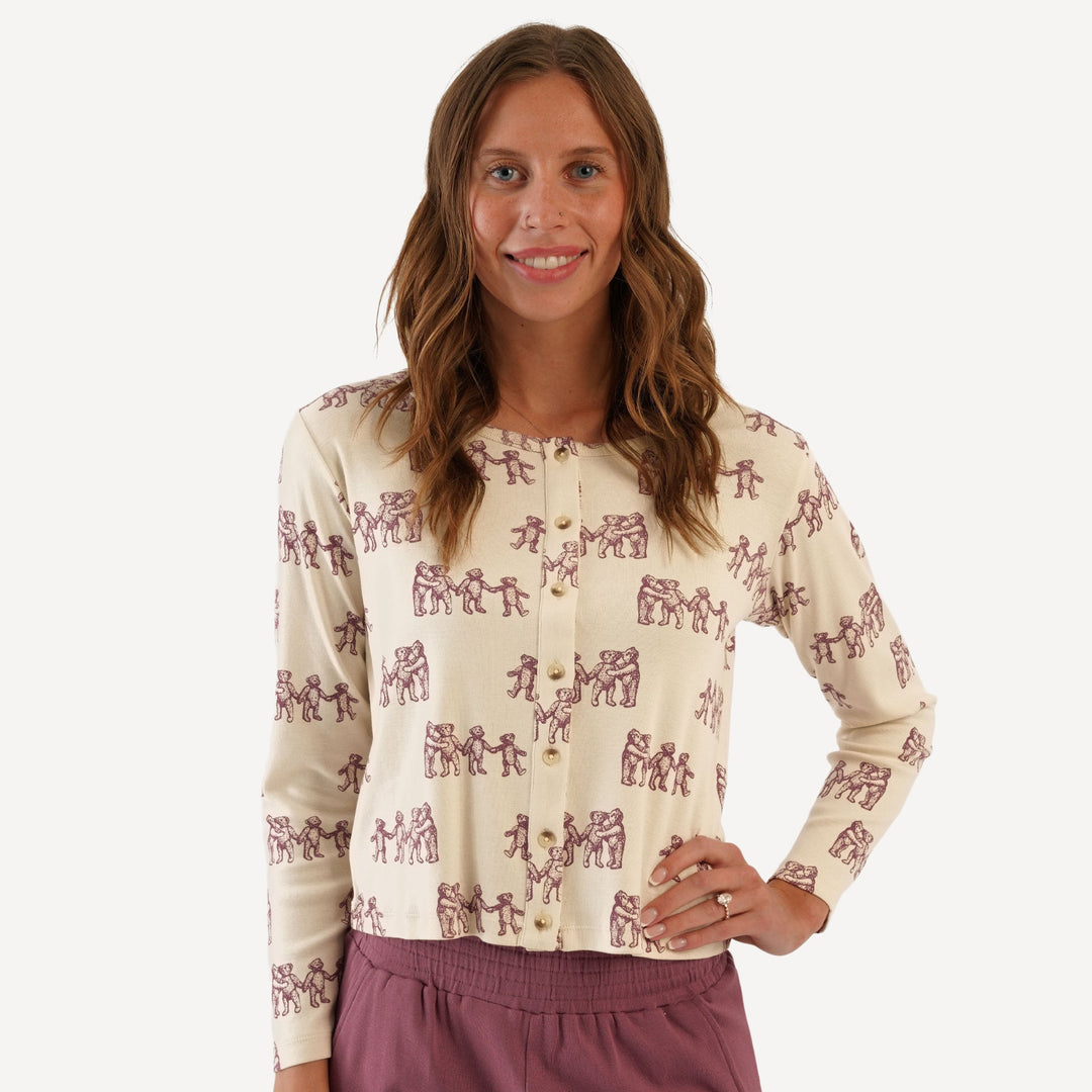 womens long sleeve cardigan | ginger teddy bear | organic cotton flat rib