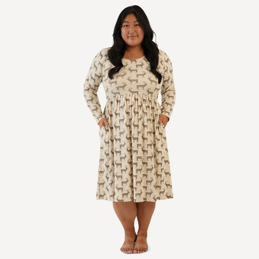 womens long sleeve scoop neck gathered dress | coffee reindeer | organic cotton flat rib