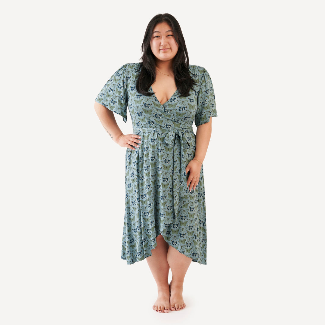 womens flutter sleeve wrap dress | blue butterflies allover | modal