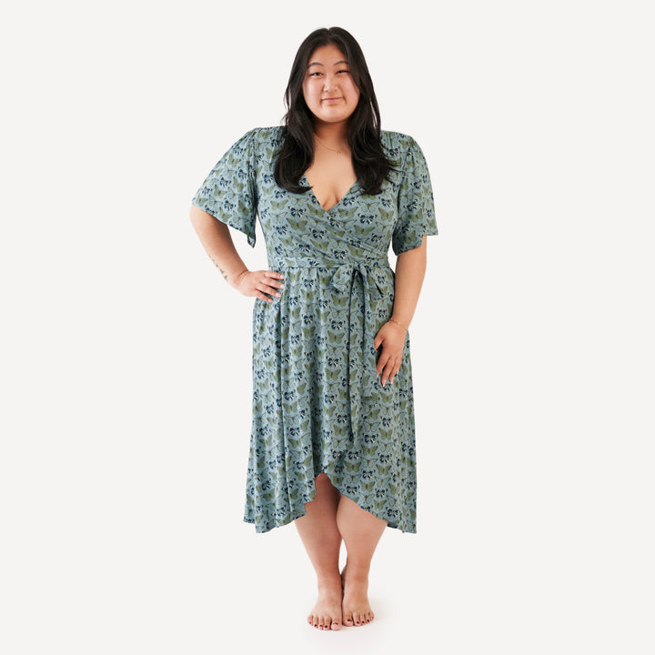womens flutter sleeve wrap dress | blue butterflies allover | modal
